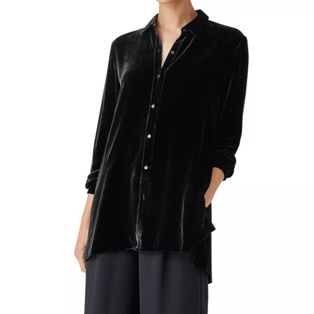 NWT Eileen Fisher black velvet tunic length button down blouse, XL